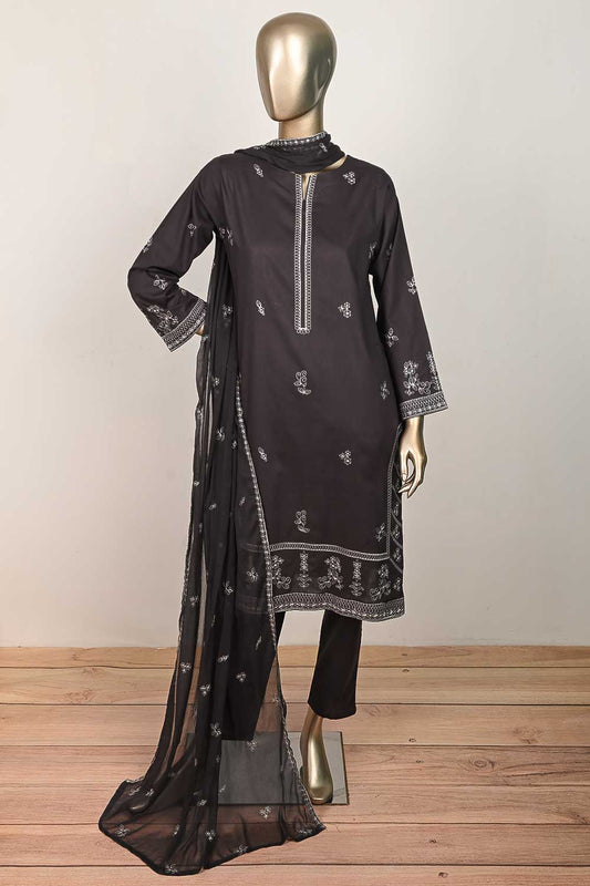 3SP-19B-GreyishPurple - 3PC COTTON EMBROIDERED Dress With Chiffon Embroidered Dupatta