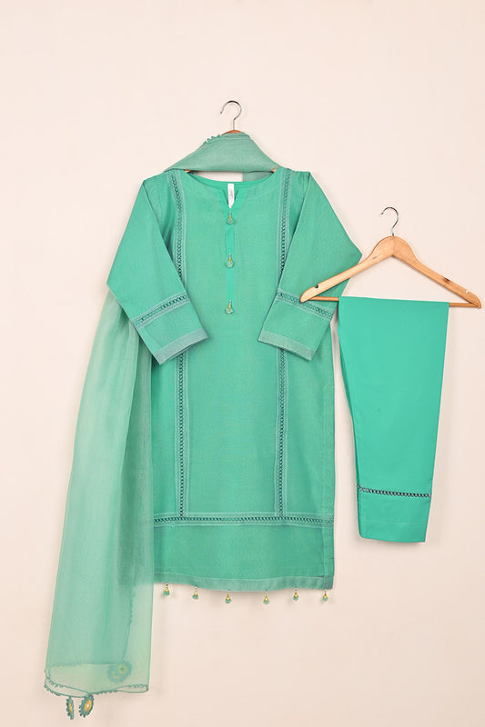 RTW-206-Green - 3Pc Ready to Wear 3Pc Javeria Net Embroidered  Dress