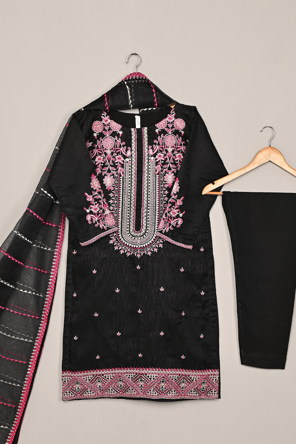RTW-197-Black - 3Pc Ready to Wear 3Pc Javeria Net Embroidered  Dress