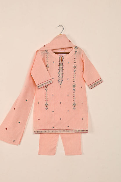 TKF-133-Peach - Kids 3Pc Ready to Wear Embroidered Slub Cotton Dress