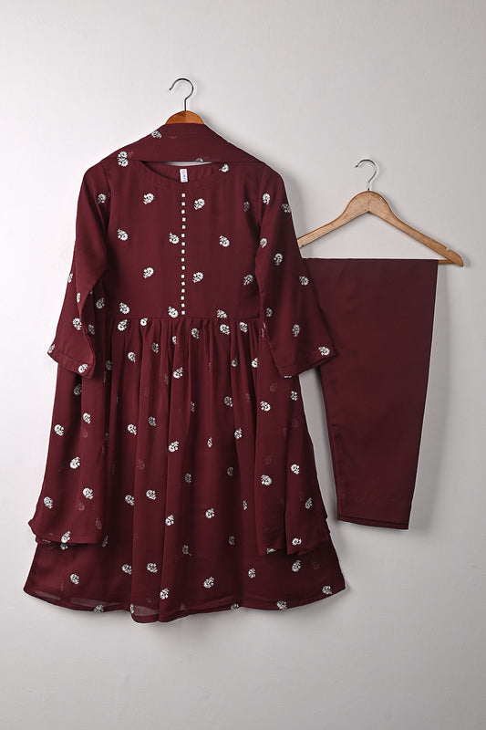 RTW-346-Maroon - 3Pc Ready to Wear Embroidered Chiffon Frock