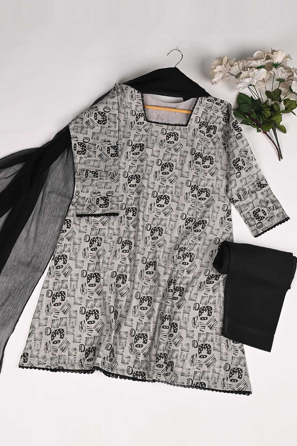 RTW-160-Grey - 3Pc Stitched Cotton Dress