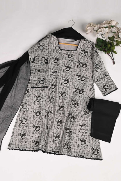 RTW-160-Grey - 3Pc Stitched Cotton Dress