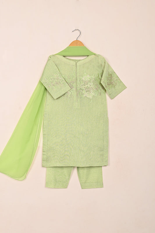 TKF-213-Pista - Kids 3Pc Paper Cotton Embroidered Dress