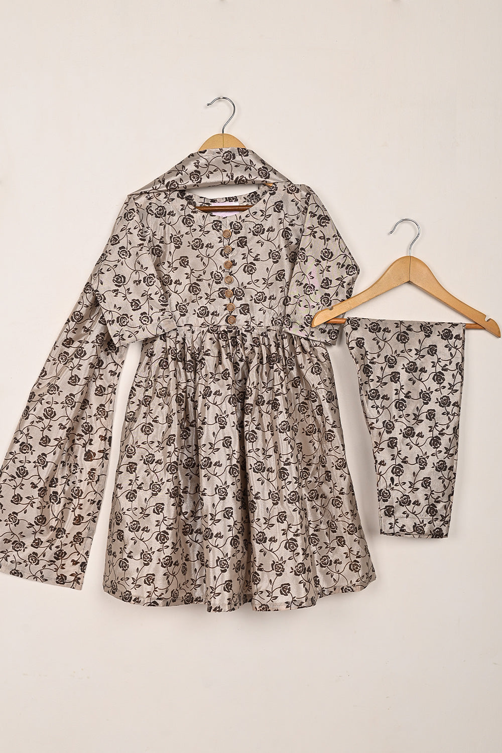 TKF-255-Beige - Kids 3Pc Ready to Wear Silk Printed Frock