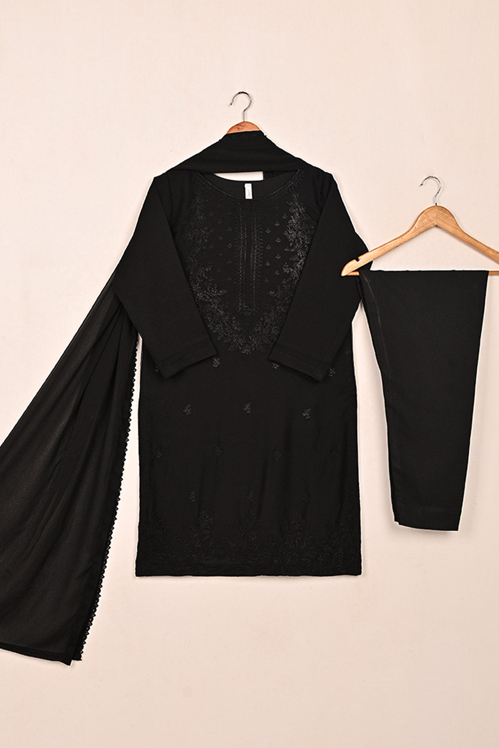 RTW-220-Black -  3Pc Ready to Wear Embroidered Chiffon Dress