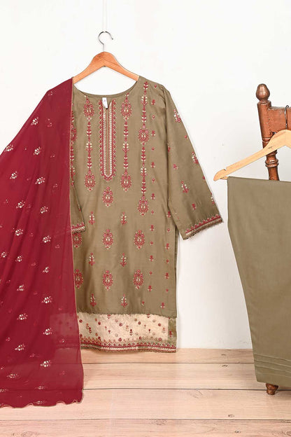 3SP-14B-Brown - 3PC COTTON EMBROIDERED Dress With Chiffon Embroidered Dupatta