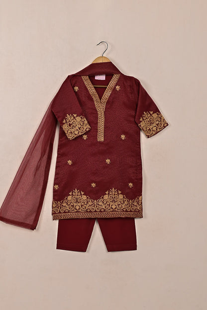 TKF-157-Maroon - Kids 3Pc Javeria Net Embroidered Formal Dress