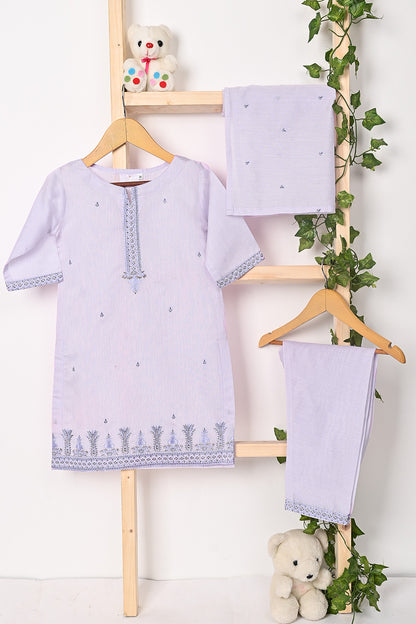 TKF-140-Purple - Kids 3Pc Ready to Wear Embroidered Paper Cotton Slub Dress