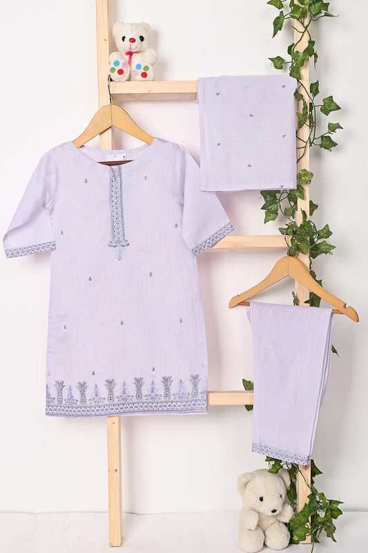 TKF-140-Purple - Kids 3Pc Ready to Wear Embroidered Paper Cotton Slub Dress