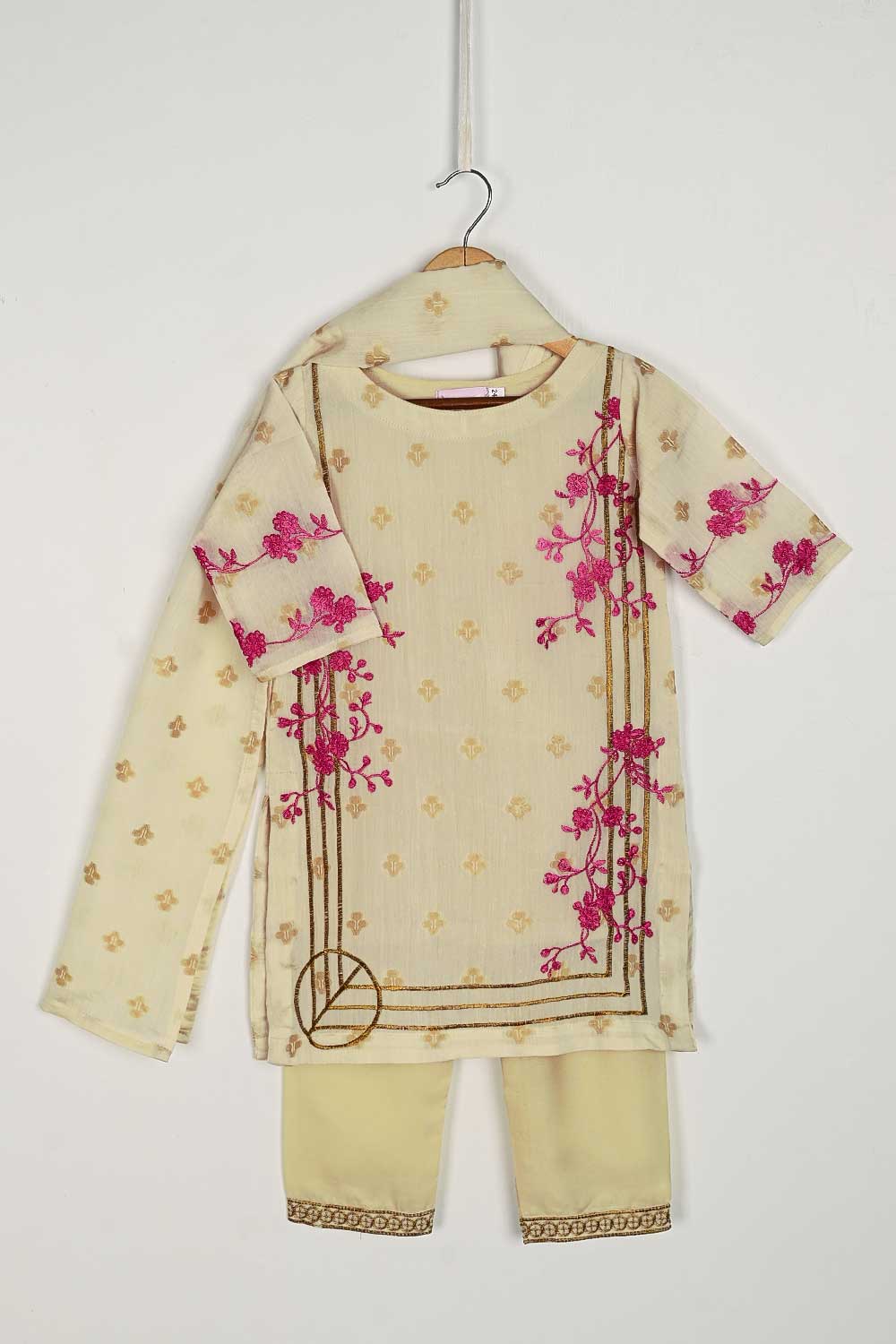 TKF-46-Skin - Kids 3Pc Jacquard Paper Cotton Dress With Malai Trouser