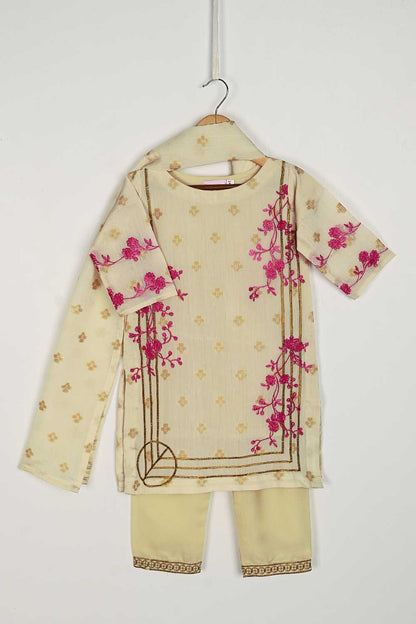 TKF-46-Skin - Kids 3Pc Jacquard Paper Cotton Dress With Malai Trouser