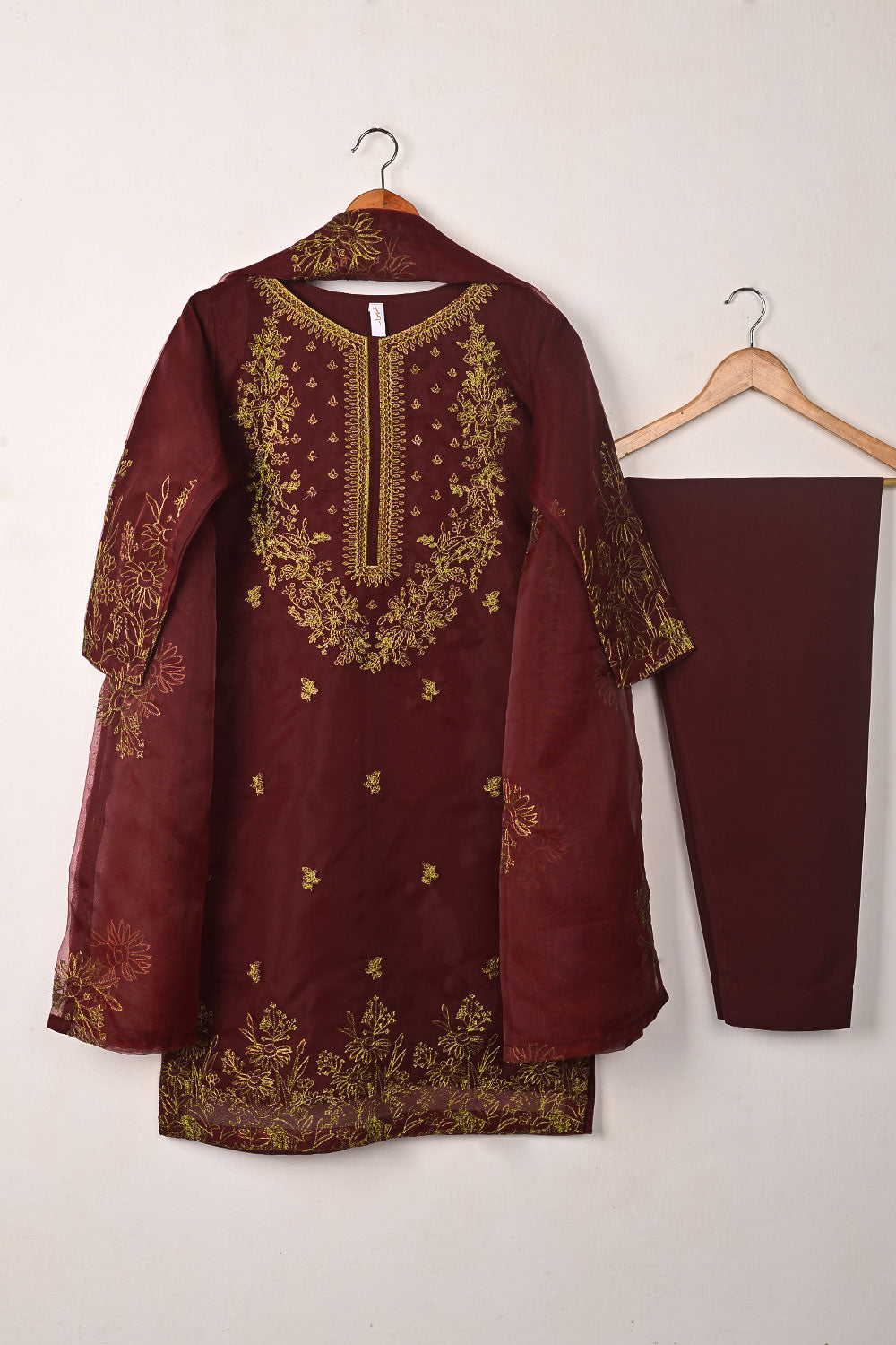 RTW-312-Maroon -  3Pc Ready to Wear Embroidered Organza Dress