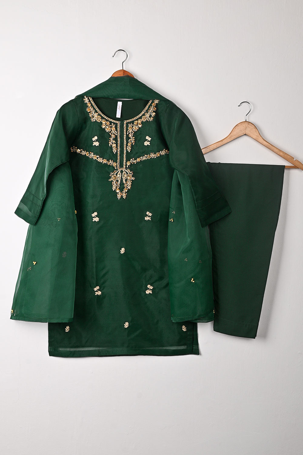 RTW-260-Bottle Green - 3Pc Ready to Wear Embroidered Premium Adda Work Organza Dress