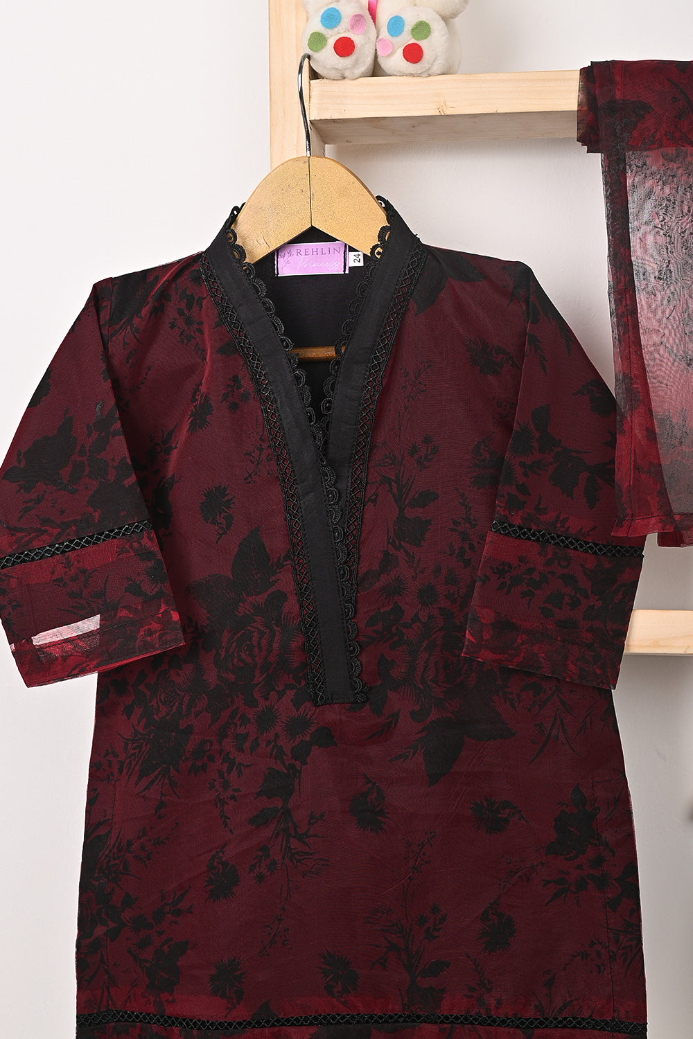 TKF-320-Maroon - Kids 3Pc Ready to Wear Organza Printed Dress