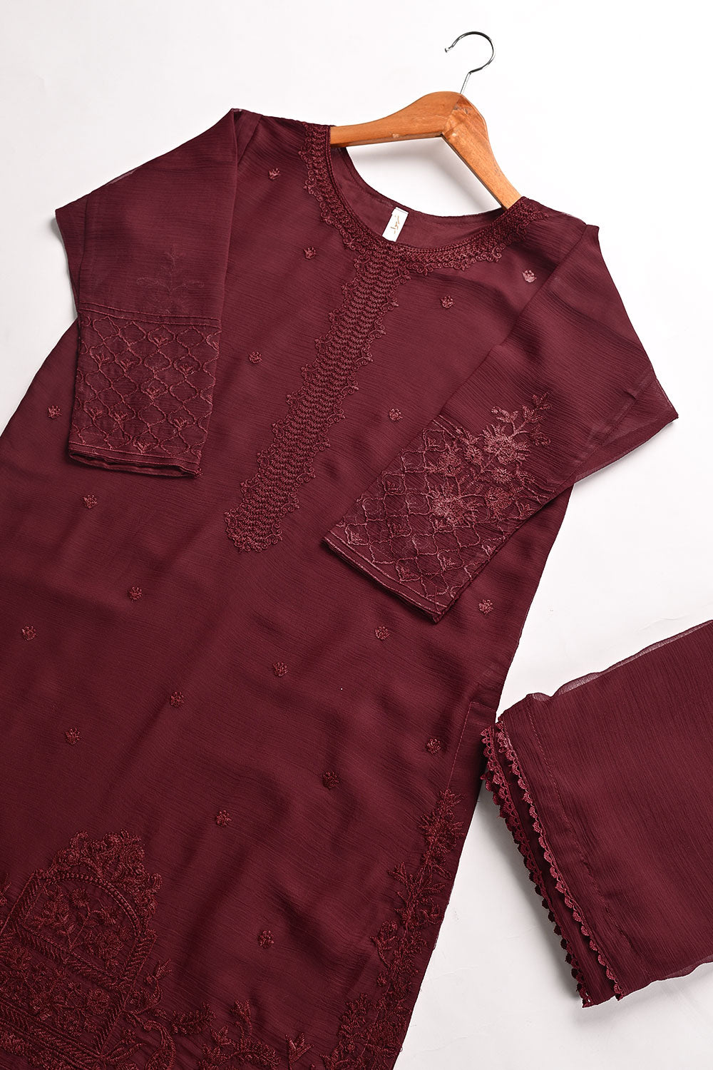 RTW-196-Maroon -  3Pc Ready to Wear Embroidered Chiffon Dress