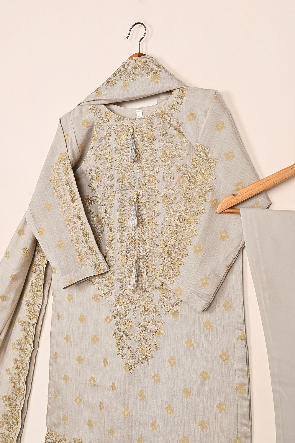 RTW-214-Grey - 3Pc Stitched Jacquard Paper Cotton Embroidered Dress