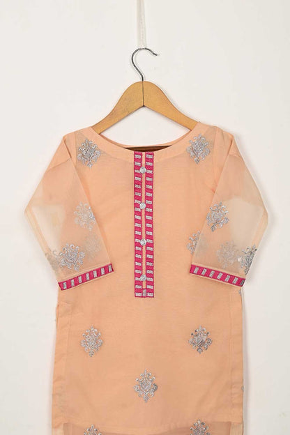TKF-89-Peach - Kids 3Pc Organza Formal Embroidered Dress With Malai Trouser