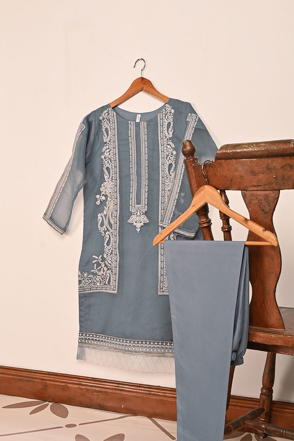 STP-186A-Grey - 2Pc Organza Embroidered Dress