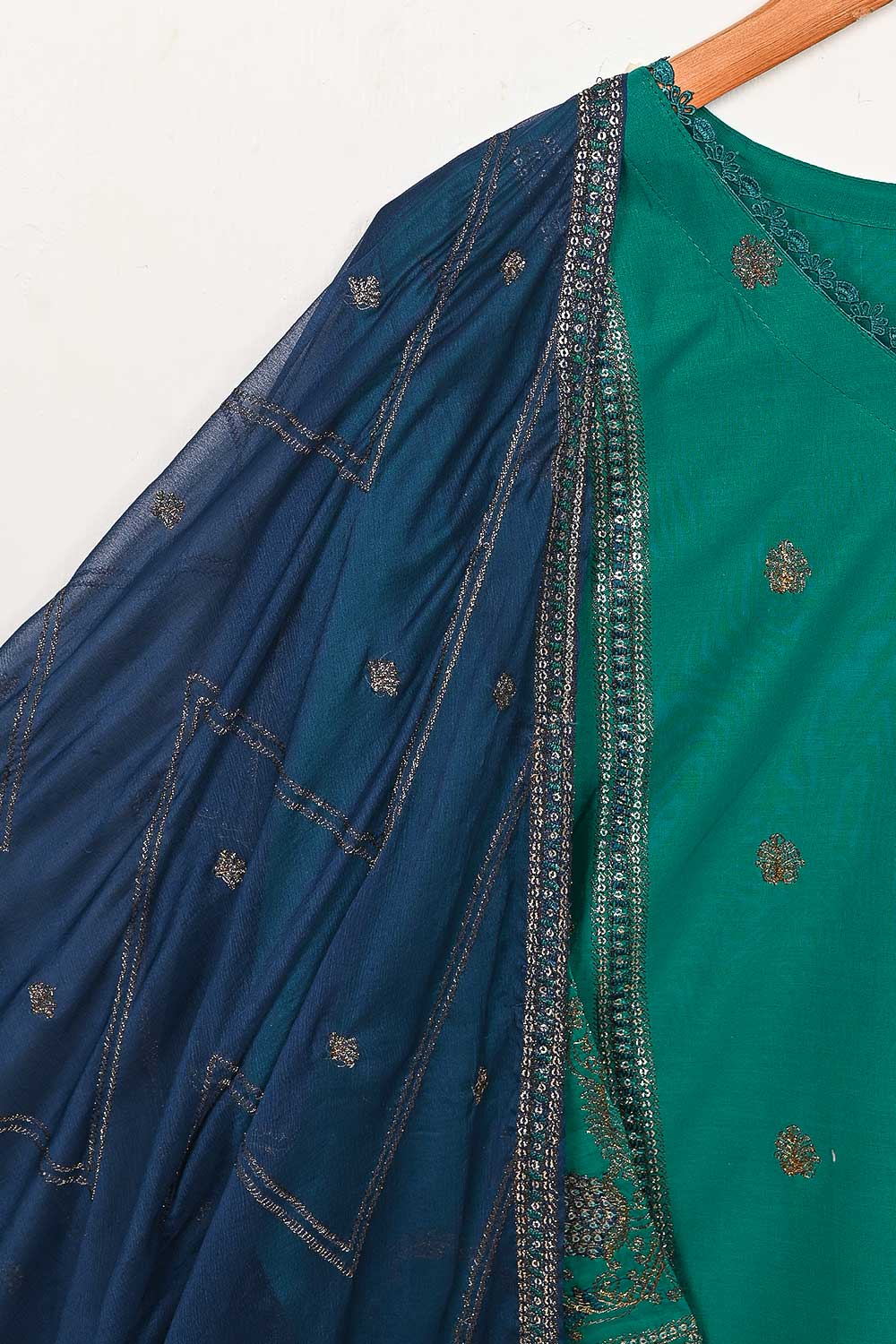 3SP-13A-Green - 3PC COTTON EMBROIDERED Dress With Chiffon Embroidered Dupatta