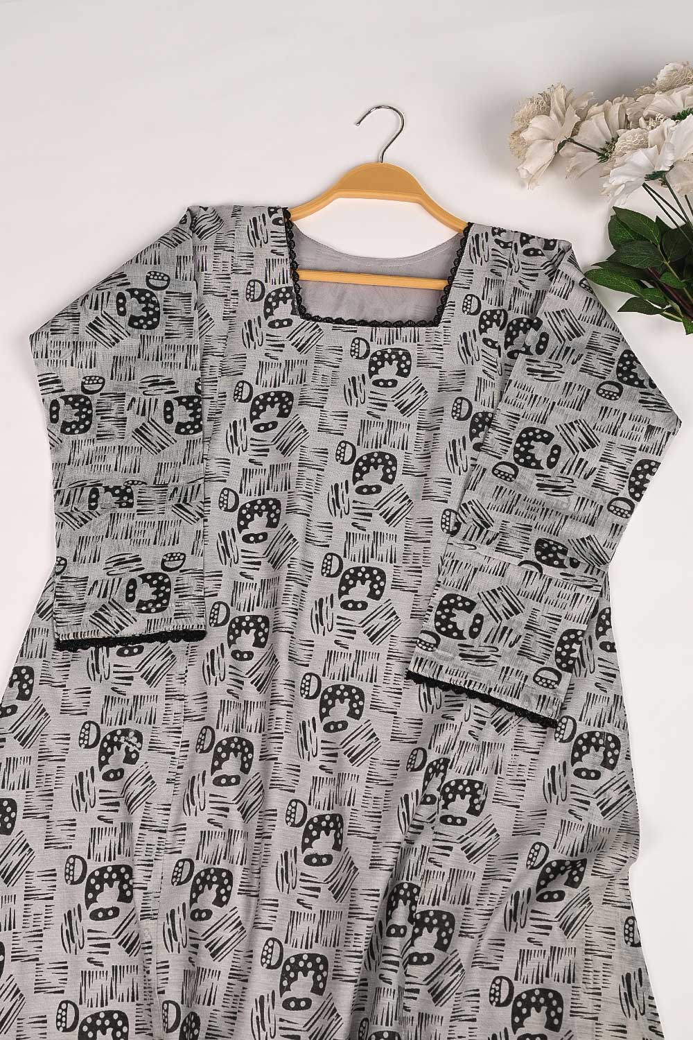 RTW-160-Grey - 3Pc Stitched Cotton Dress
