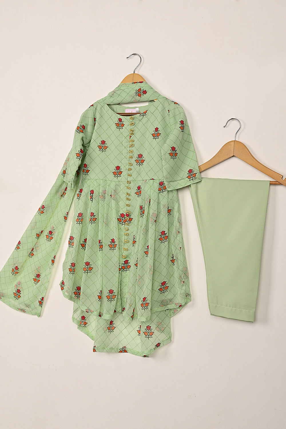 TKF-254-Pista - Kids 3Pc Chiffon Printed Frock