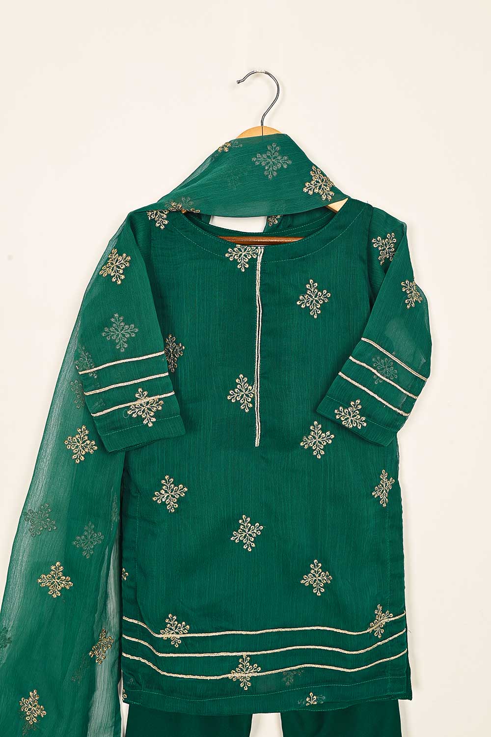 TKF-114- Green - Kids 3Pc Chiffon Embroidered Dress