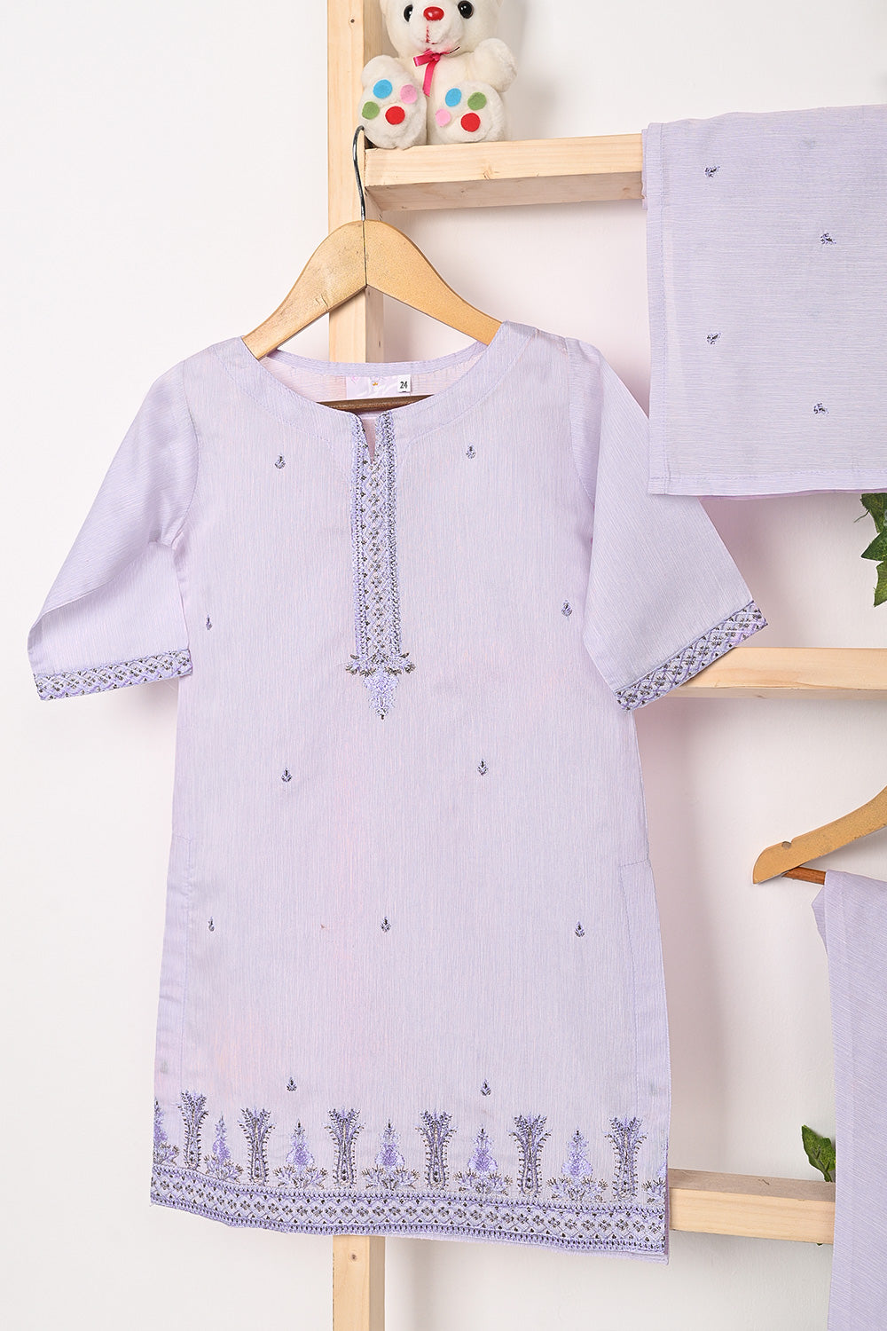 TKF-140-Purple - Kids 3Pc Ready to Wear Embroidered Paper Cotton Slub Dress