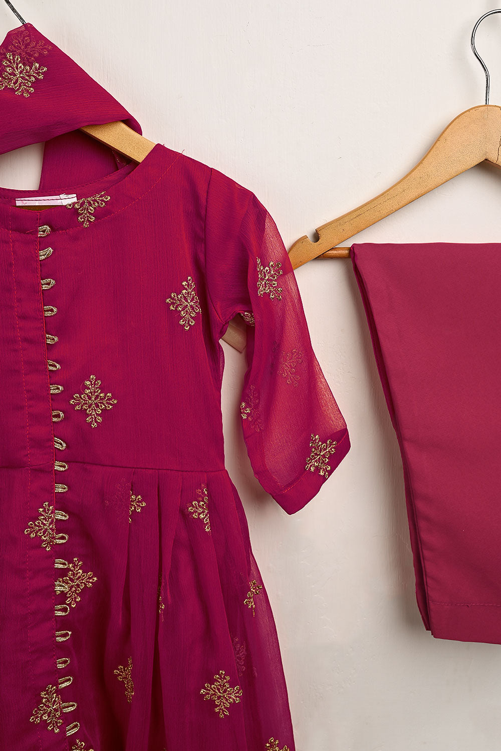 TKF-119-Fushcia - Kids 3Pc Chiffon Embroidered Frock