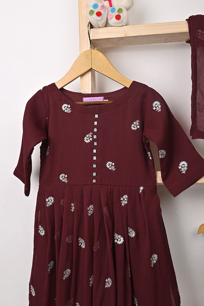 TKF-321-Maroon - Kids 3Pc Ready to Wear Chiffon Embroidered Frock