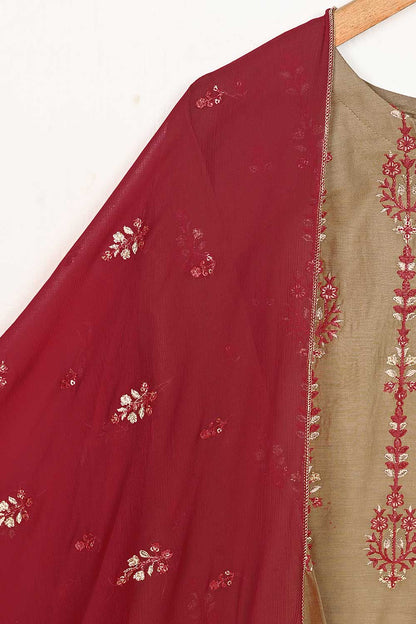 3SP-14B-Brown - 3PC COTTON EMBROIDERED Dress With Chiffon Embroidered Dupatta