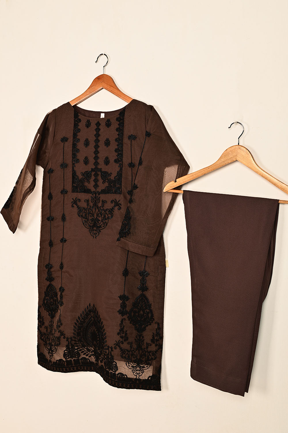 STP-181B-BROWN - 2Pc Organza Embroidered Dress