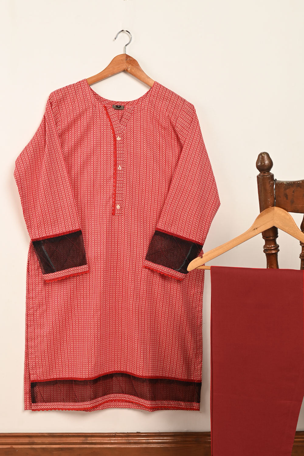 STP-183-RED - 2PC COTTON STITCHED DRESS