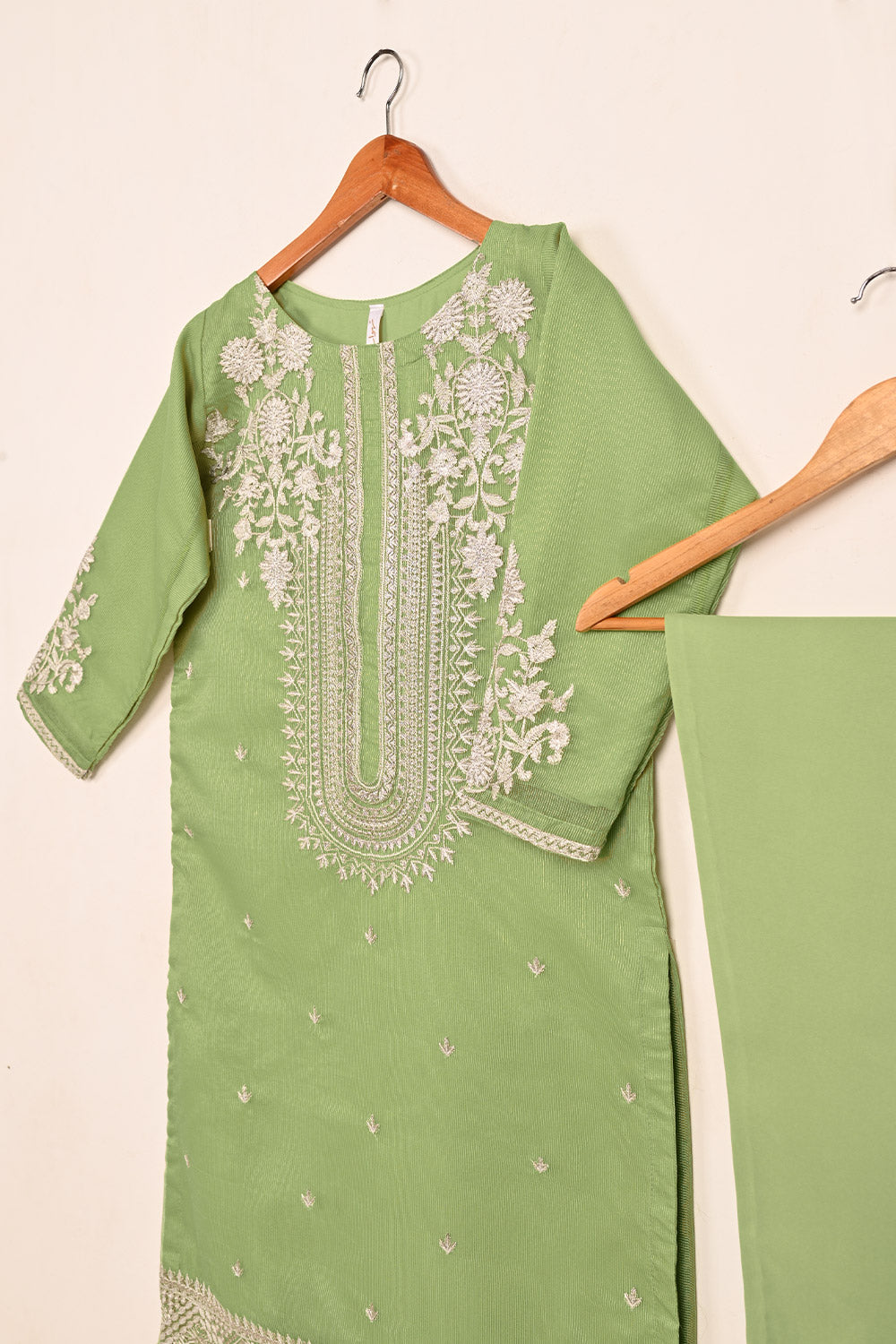 RTW-205-Green - 3Pc Ready to Wear 3Pc Javeria Net Embroidered  Dress