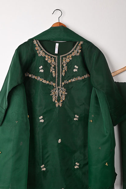 RTW-260-Bottle Green - 3Pc Ready to Wear Embroidered Premium Adda Work Organza Dress