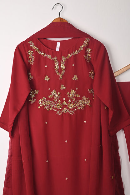 RTW-259-Red - 3Pc Ready to Wear Embroidered Adda Work Chiffon Dress