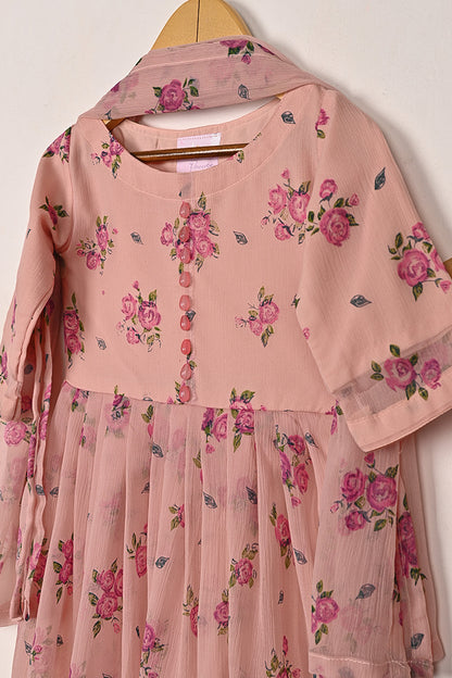 TKF-300-Tea Pink - Kids 3Pc Chiffon Printed Frock