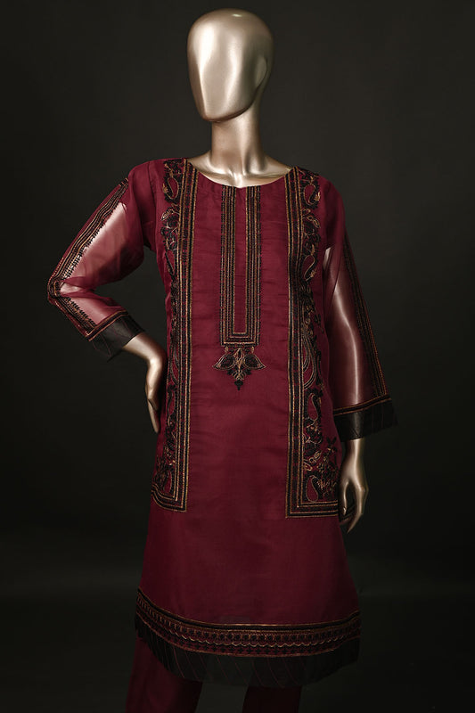 STP-180-Maroon - 2Pc Organza Embroidered Dress