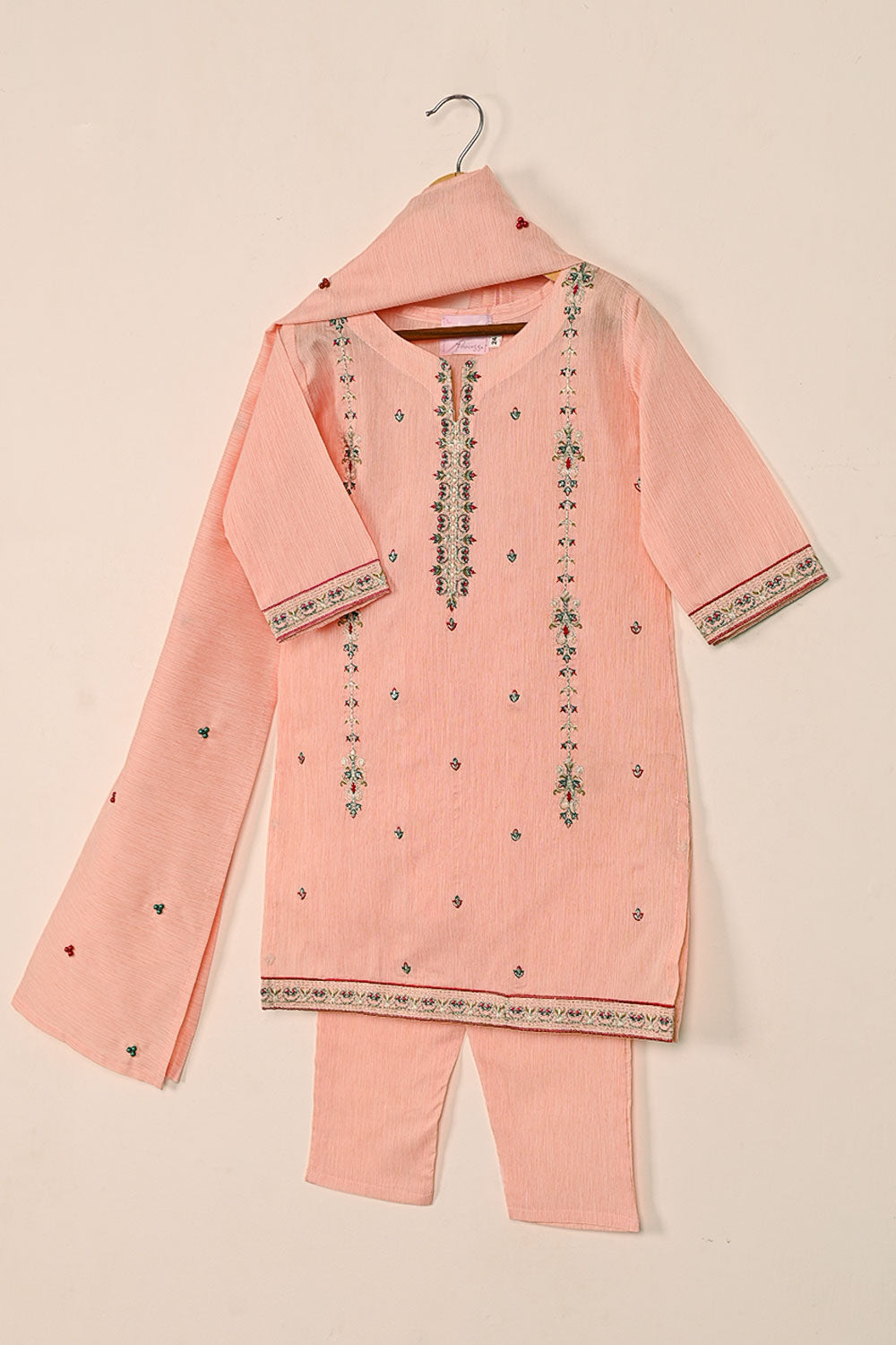 TKF-133-Peach - Kids 3Pc Ready to Wear Embroidered Slub Cotton Dress