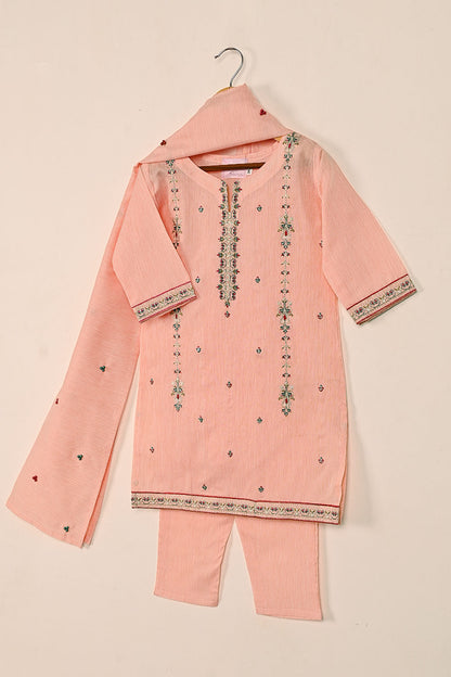 TKF-133-Peach - Kids 3Pc Ready to Wear Embroidered Slub Cotton Dress