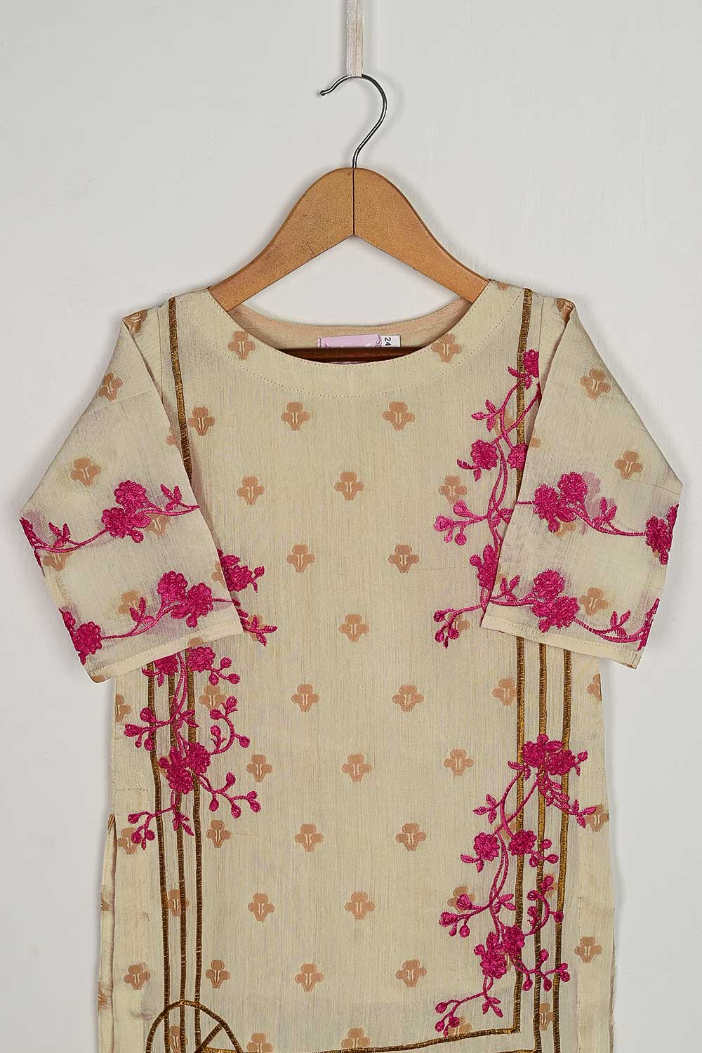 TKF-46-Skin - Kids 3Pc Jacquard Paper Cotton Dress With Malai Trouser