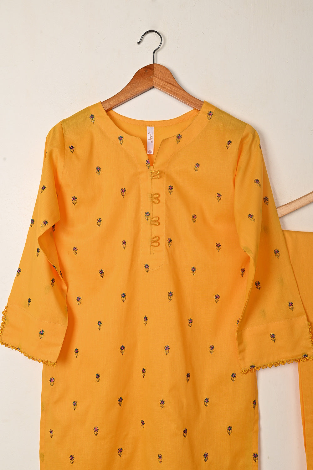 STP-263A-Yellow  - 2Pc Ready to Wear Embroidered Cambric Dress