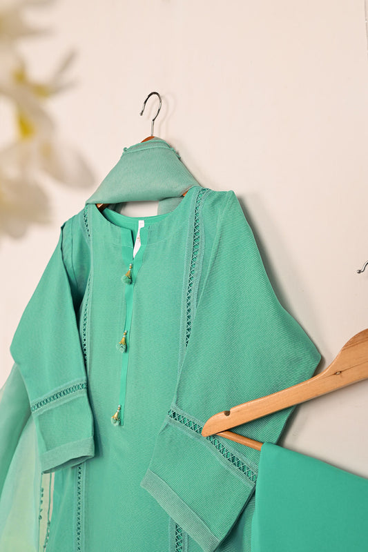 RTW-206-Green - 3Pc Ready to Wear 3Pc Javeria Net Embroidered  Dress