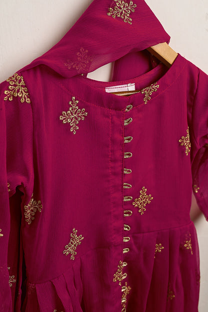 TKF-119-Fushcia - Kids 3Pc Chiffon Embroidered Frock