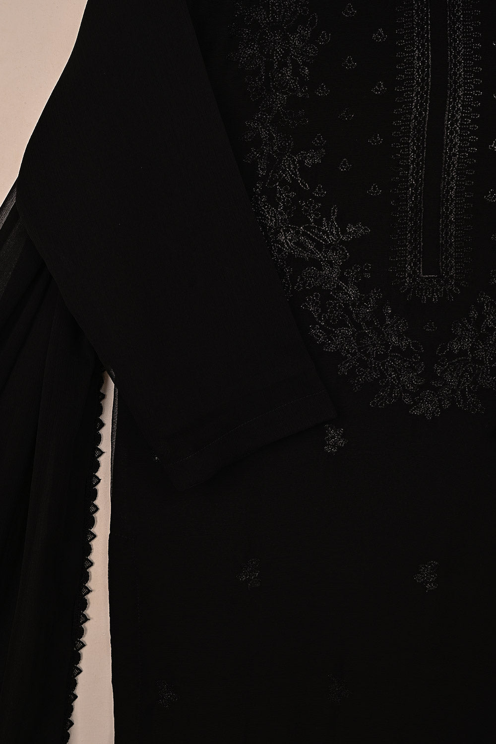 RTW-220-Black -  3Pc Ready to Wear Embroidered Chiffon Dress