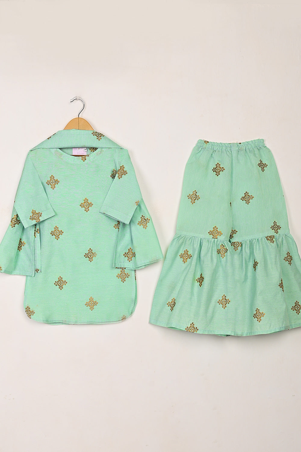 TKF-266-Aqua - Kids 3Pc Paper Cotton Embroidered Dress