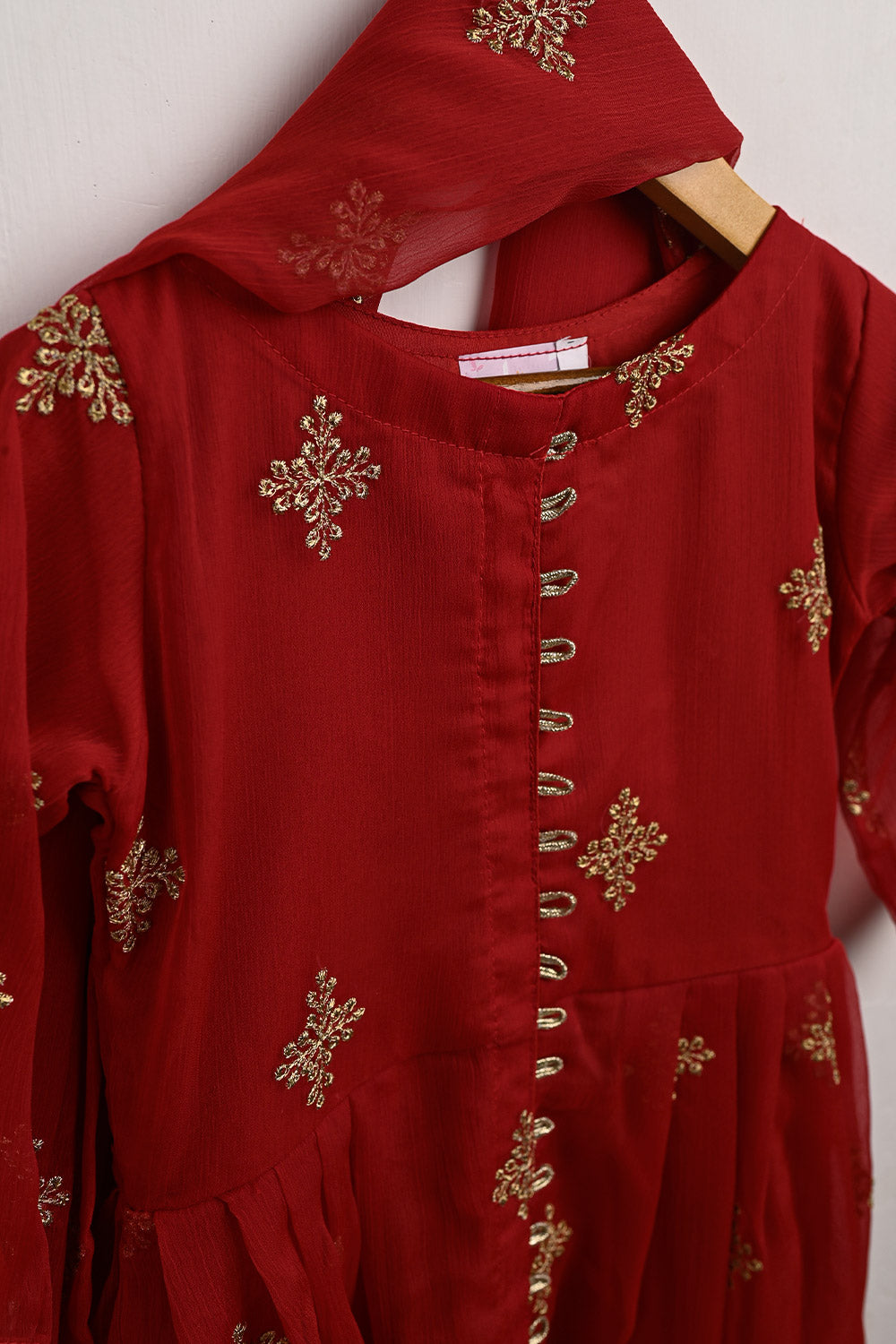 TKF-101-Red - Kids 3Pc Chiffon Embroidered Frock