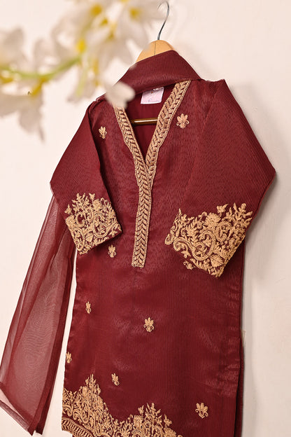 TKF-157-Maroon - Kids 3Pc Javeria Net Embroidered Formal Dress