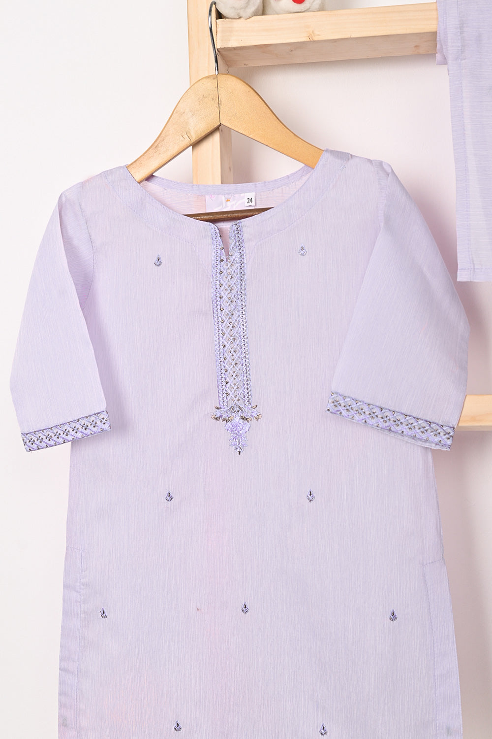 TKF-140-Purple - Kids 3Pc Ready to Wear Embroidered Paper Cotton Slub Dress