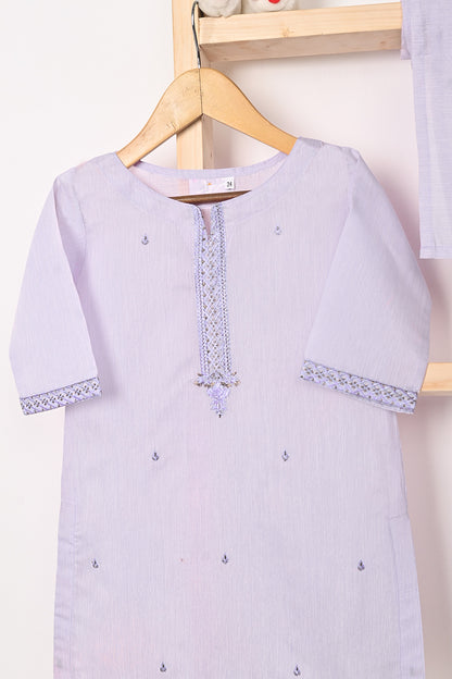 TKF-140-Purple - Kids 3Pc Ready to Wear Embroidered Paper Cotton Slub Dress